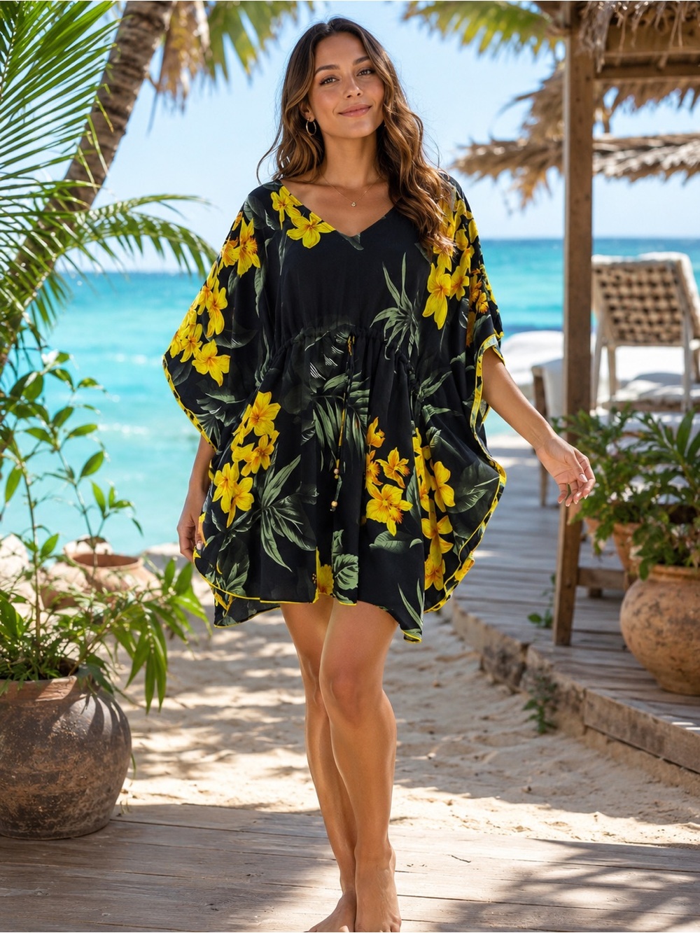 FAVANT Hawaii Women Beach Coverup One Size Black Yellow Drawstring Waist NWT